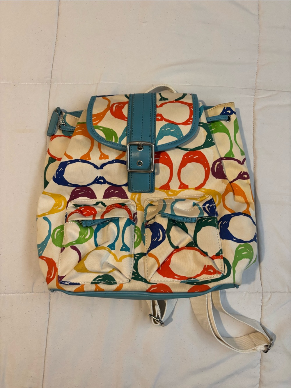 Colorful Coach Printed Canvas Backpack with Teal Trim